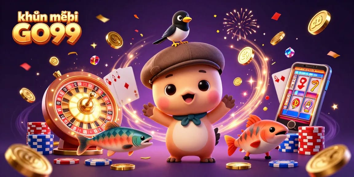 Experience exciting khuyến mãi GO99 with our vibrant casino-themed 3D illustration filled with playful characters.