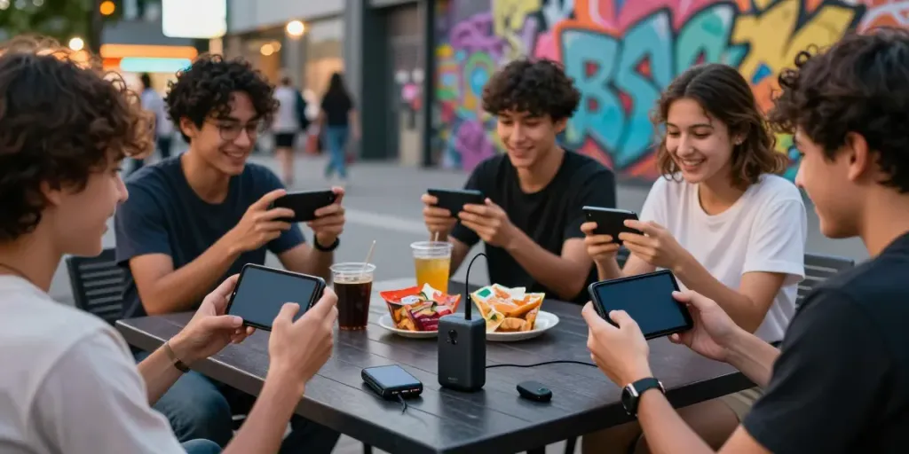 Friends enjoying rokok88 apk gaming outdoors in a vibrant urban setting.
