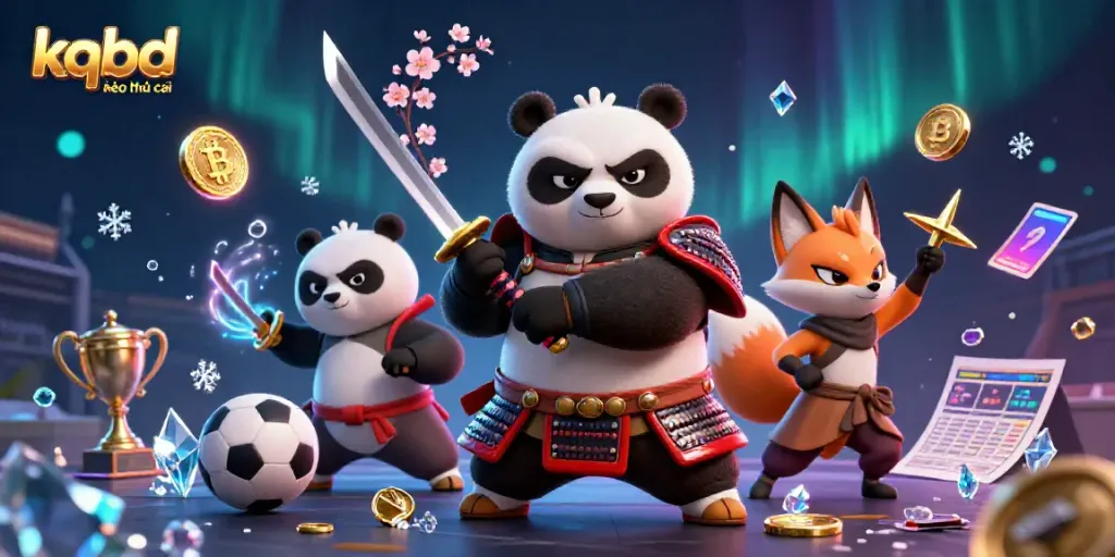 Experience kqbd kèo nhà cái with a dynamic scene featuring a samurai panda and ninja fox among betting elements.