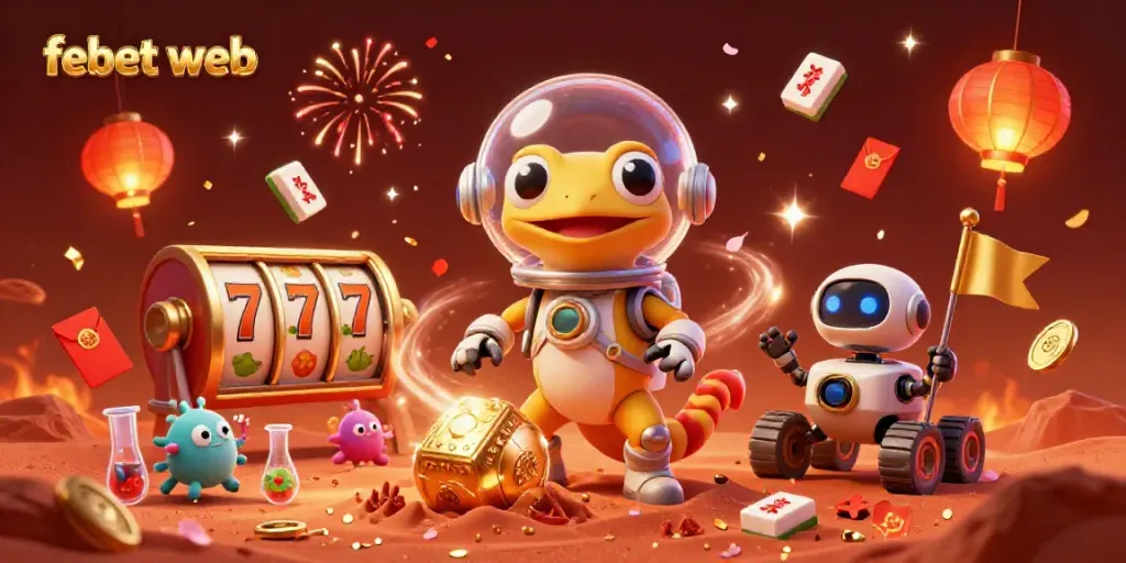 Experience the vibrant febet web scene with a 3D Martian gecko and casino elements celebrating wins.