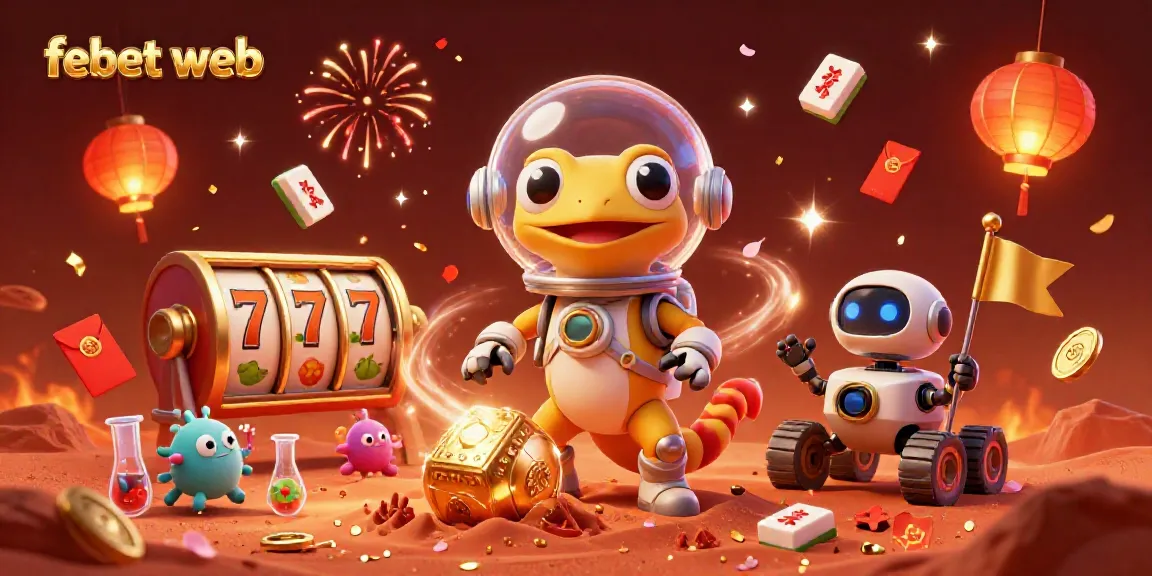 Experience the vibrant febet web scene with a 3D Martian gecko and casino elements celebrating wins.