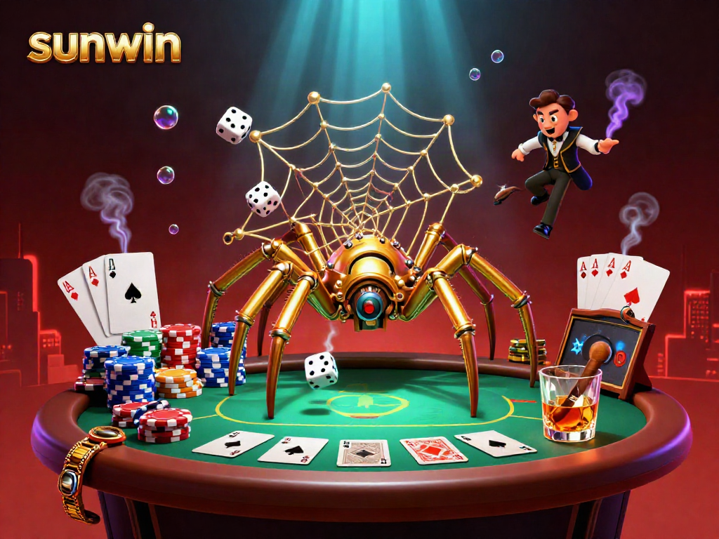 Experience the thrill of sunwin with steampunk characters in a vibrant casino scene, featuring a golden spider web of poker chips.