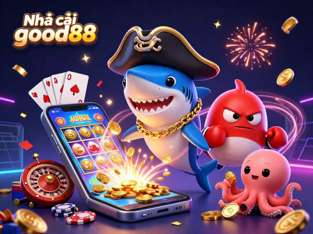 Engage with Nhà cái good88 as a cartoon pirate shark and friends celebrate with casino elements and gold coins.