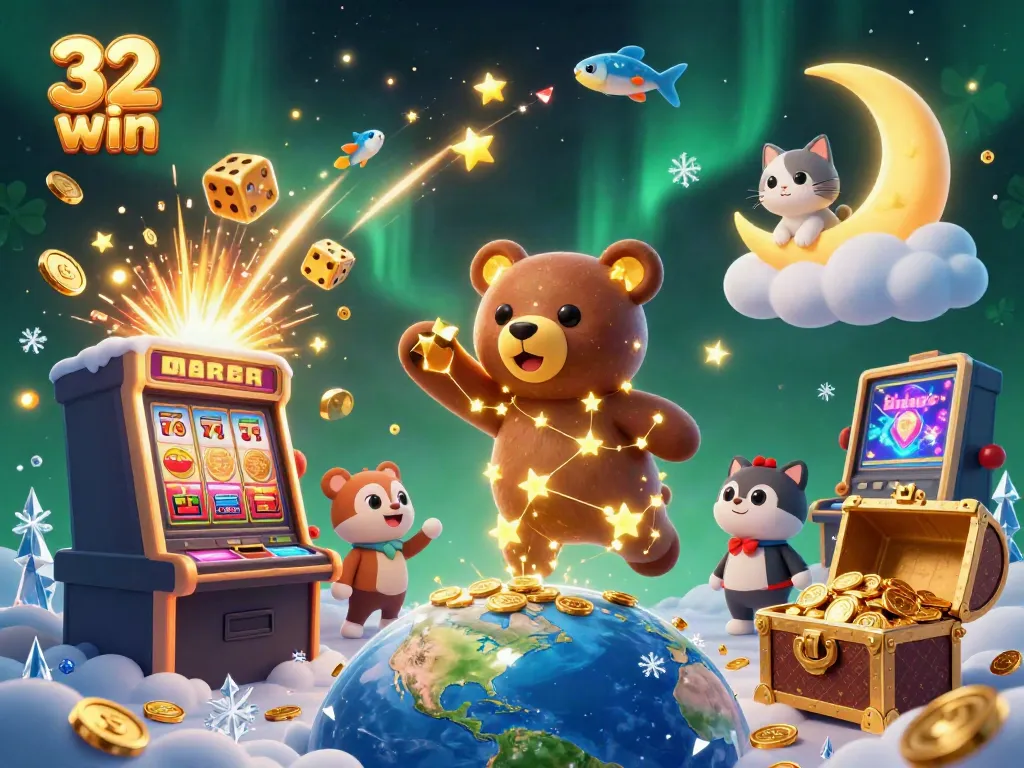 Engage in winning excitement with 32 win, featuring starry casino elements and a vibrant jackpot.