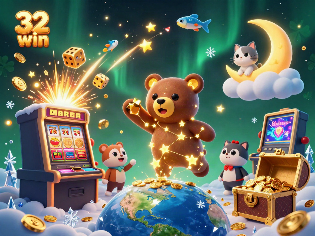 Engage in winning excitement with 32 win, featuring starry casino elements and a vibrant jackpot.