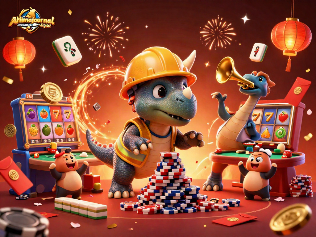 Experience ahimajournal-digital as the triceratops builds a poker chip pyramid while celebrating with friends in this vibrant casino scene.