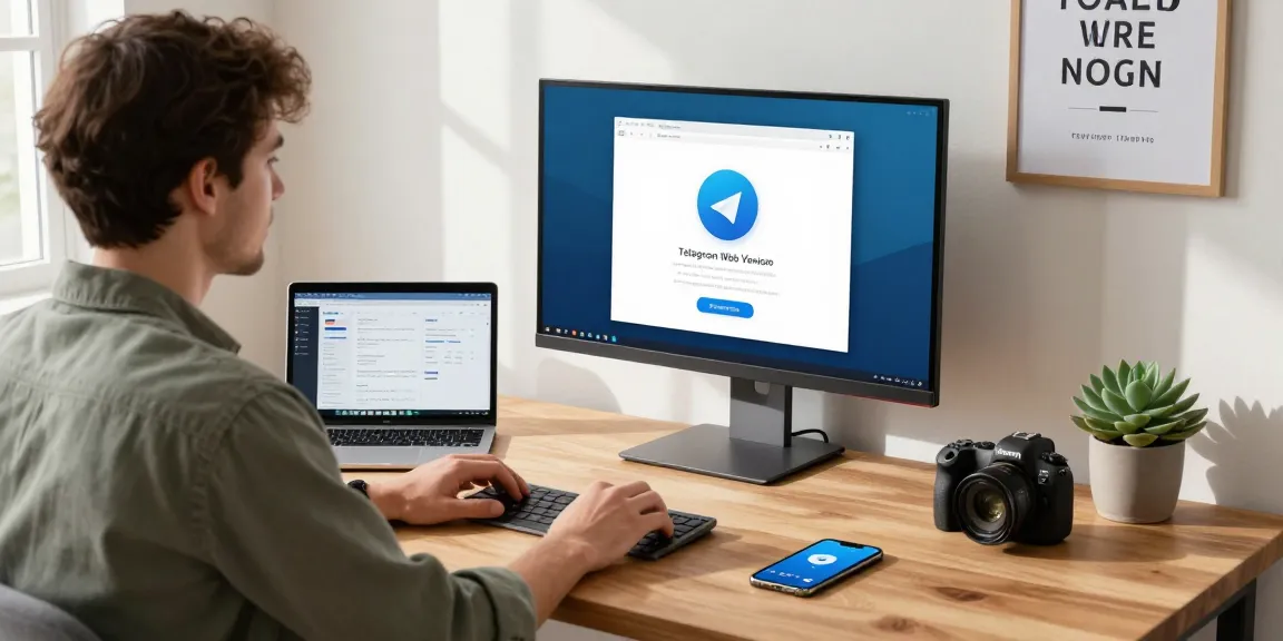 Engaging workspace showing the Telegram Web Version interface on a desktop monitor in a cozy home office.