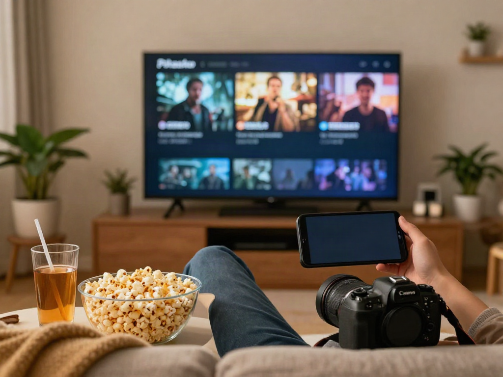 Enjoying streaming on Pikashowlatestversion.com from a cozy home setup with popcorn and a large TV screen.