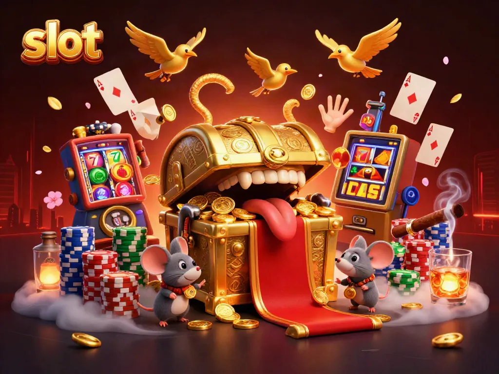Engaging slot-themed 3D illustration featuring a treasure chest, mice, and vibrant gaming elements.