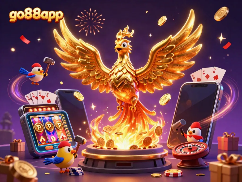 Experience vibrant gaming excitement with go88app featuring a molten gold phoenix and captivating slot elements.