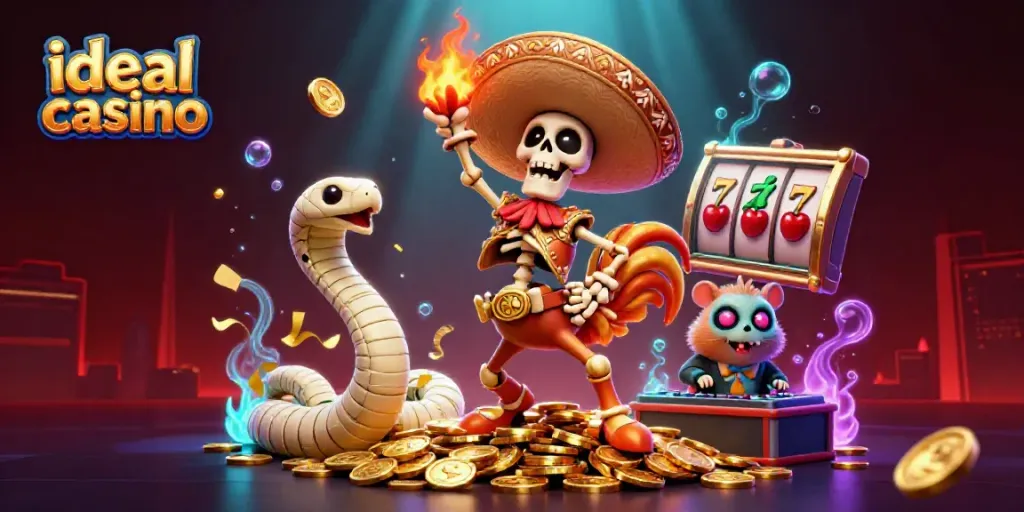 Engaging scene at an ideal casino with a lively rooster and golden coins celebrating winnings.