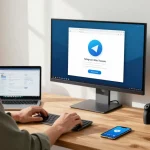 Engaging workspace showing the Telegram Web Version interface on a desktop monitor in a cozy home office.