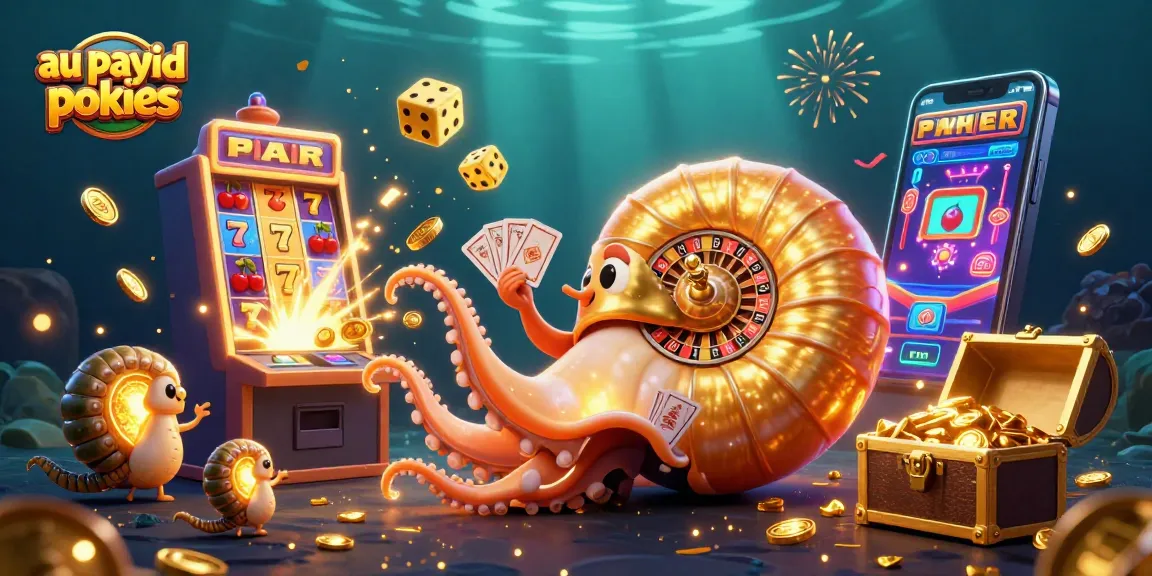 Spin the reels of au payid pokies with a vibrant 3D casino scene featuring a giant nautilus and golden treasures.