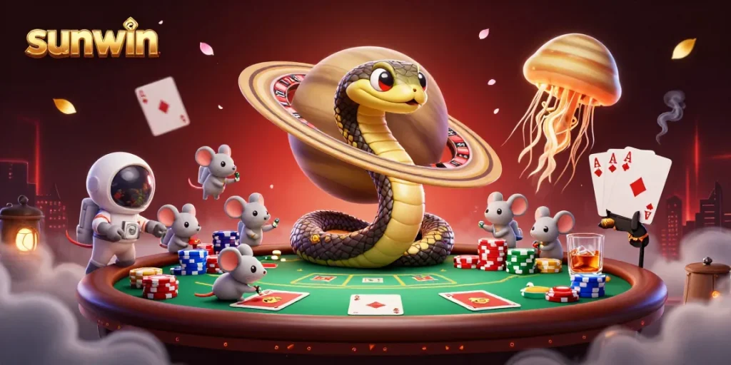 Experience thrilling bets at Sunwin with a dynamic 3D illustration featuring playful mice and a cosmic dealer.