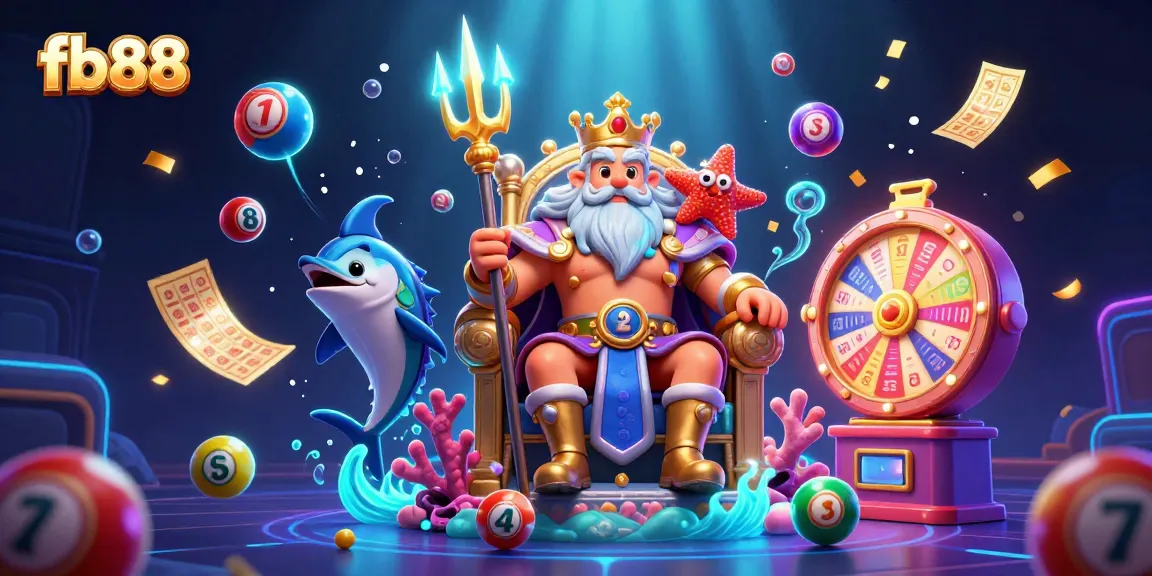 Enjoy vibrant lottery fun with fb88 as Neptune and friends celebrate winnings in a captivating underwater scene.