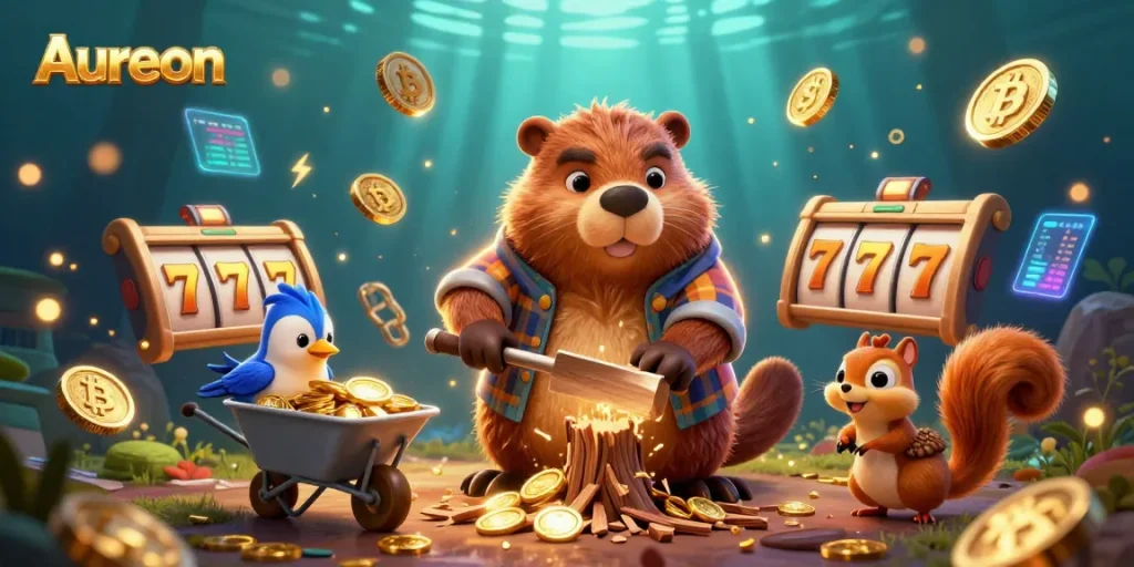 Aureon casino with lively characters featuring a beaver and bird collecting golden coins amidst slot reels and glowing crypto coins.