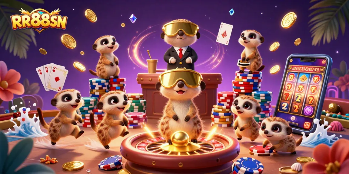Engaging scene featuring RR88SN's meerkats in a lively casino atmosphere, complete with chips and golden coins.
