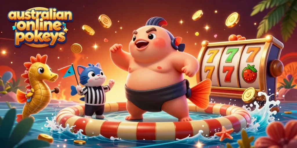 Play australian online pokies in a vibrant underwater casino scene with dynamic slot reels and lucky symbols.
