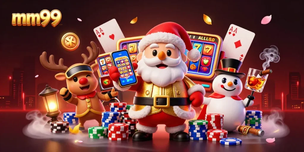 mm99 promotes a festive casino scene with Santa and his friends celebrating slots and jackpots.